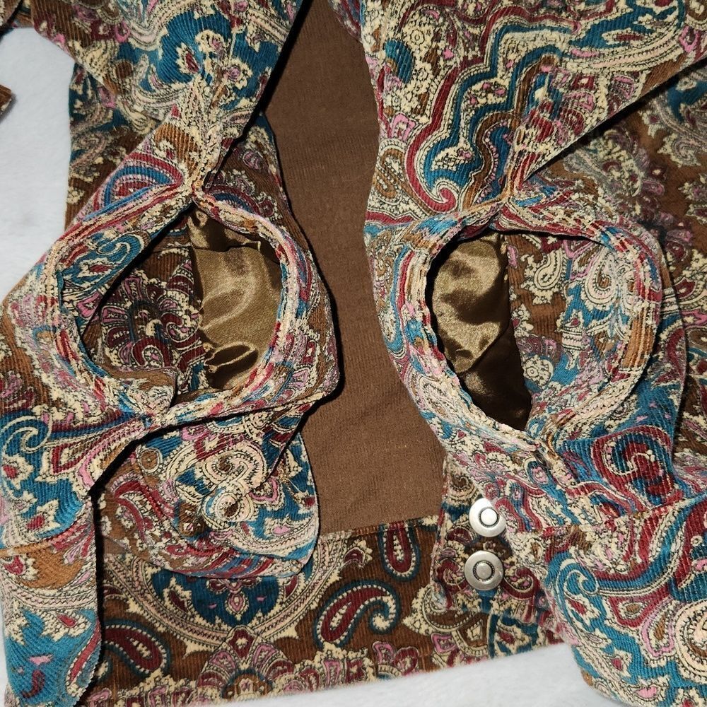 *Paisley Print Jacket Women’s Medium Brown Blue Button Front Stretch Blazer Boho - Picture 13 of 13